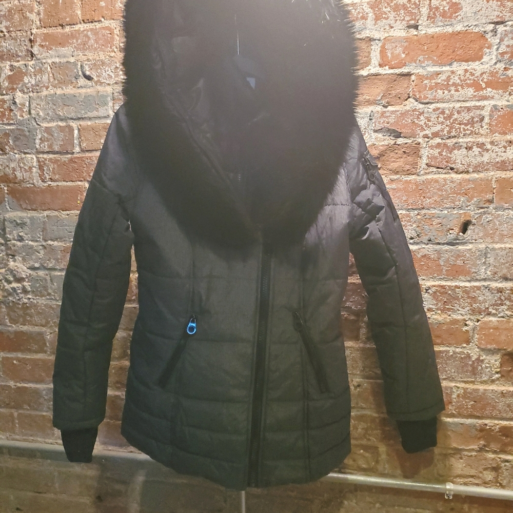 Gray Laundry Jacket with detachable faux mink hood